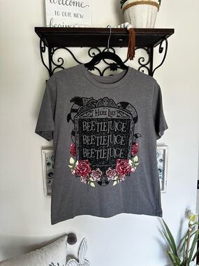 Beetlejuice Graphic Tee - Gray with Red Rose Detail